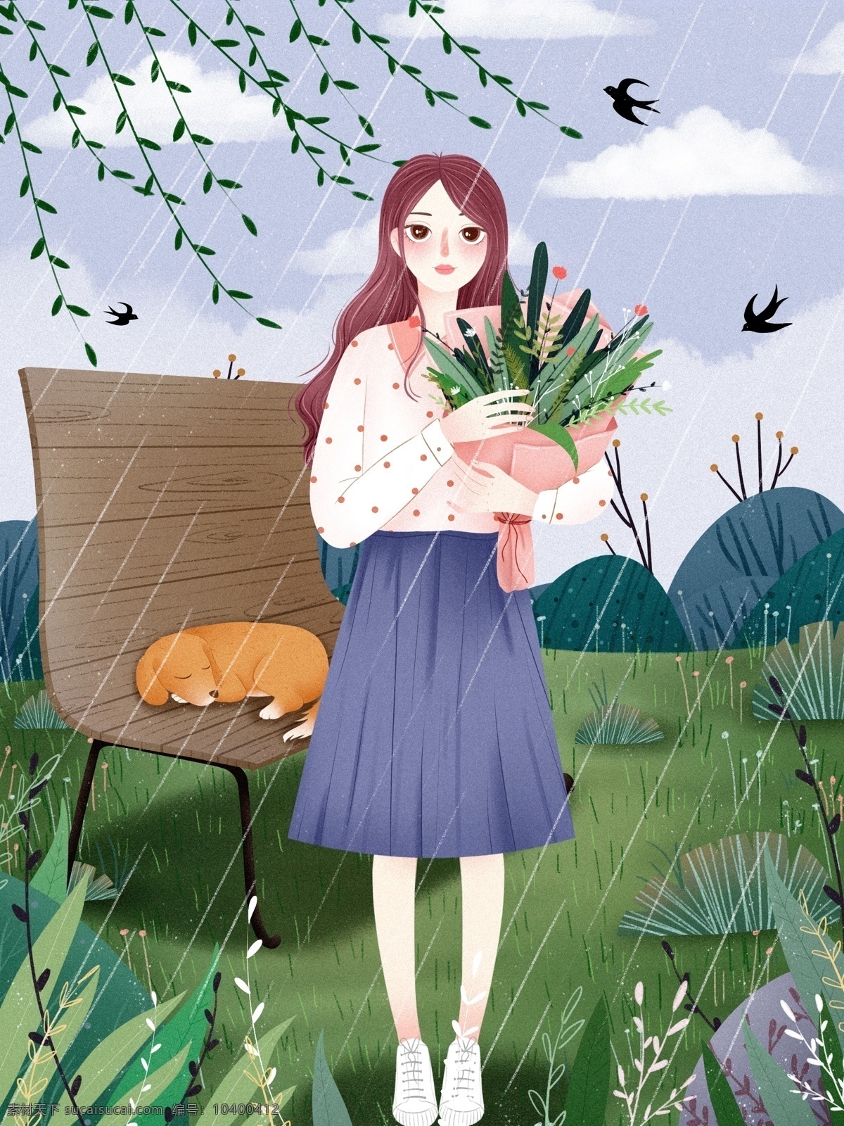 二十四节气 清明节 少女 插画 清明 扫墓 传统节日 节日 踏青 郊游 节气 时节 雨 纷纷 山 户外 柳枝 女孩 书 植物