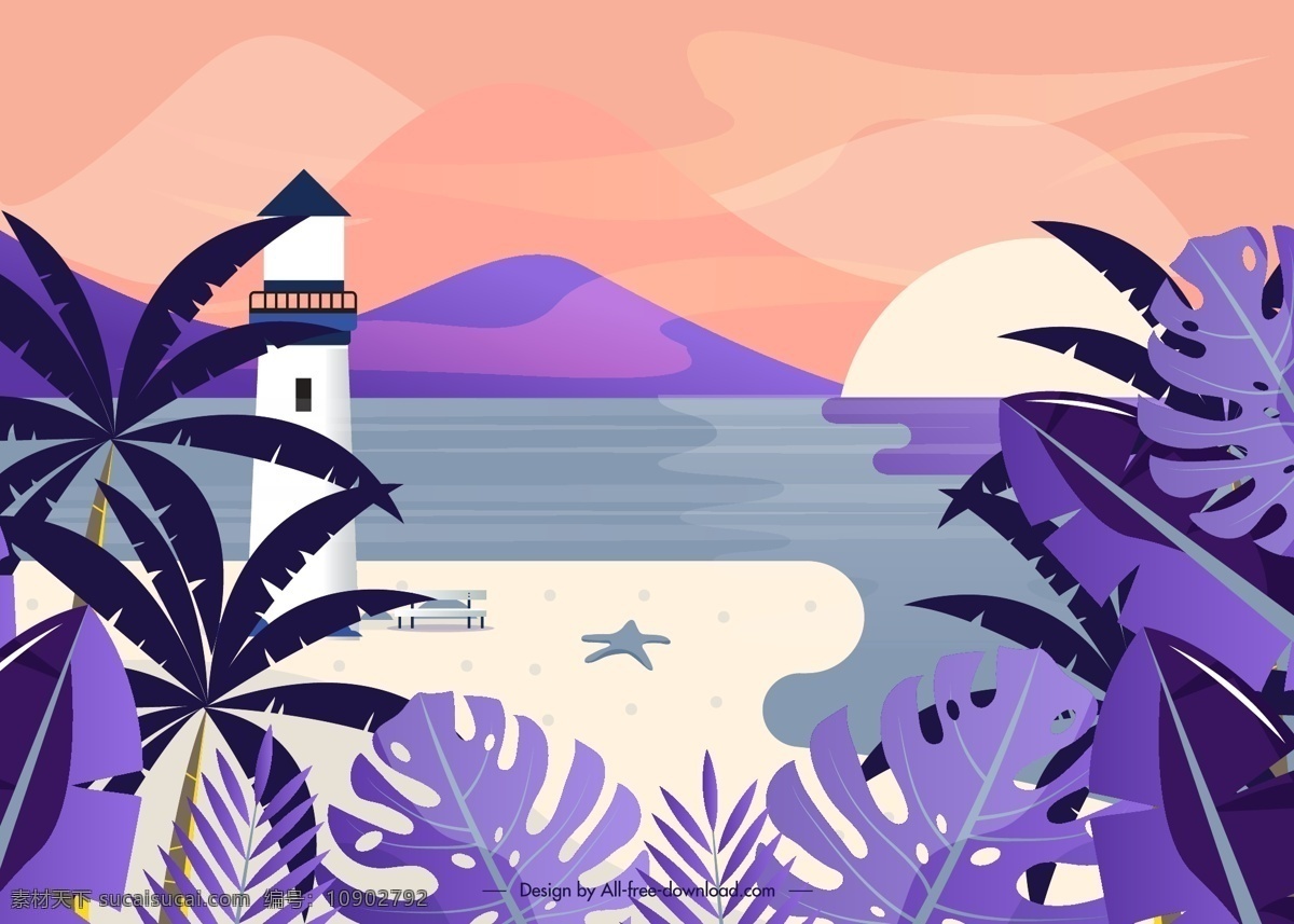 海边 沙滩 灯塔 风景图片 运动 海星 太阳 椰子树 龟背竹叶 矢量 高清图片