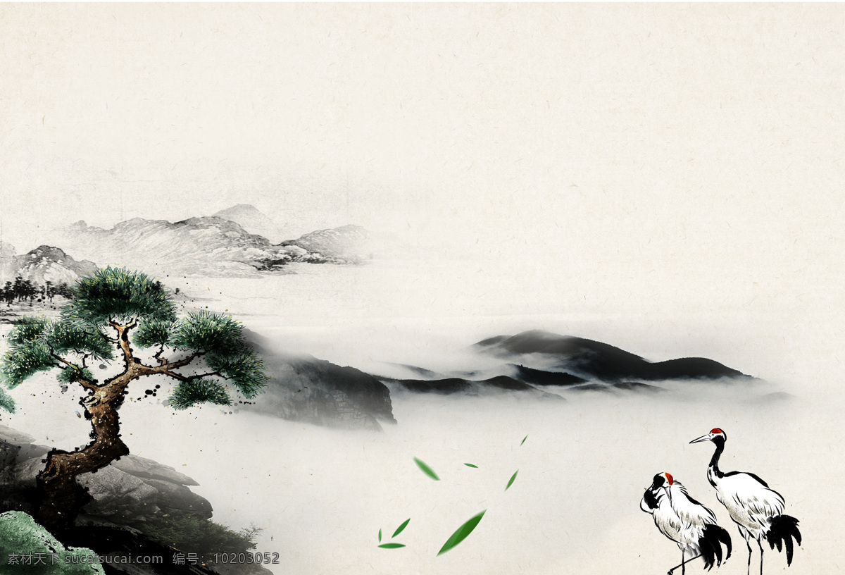 中国风白鹤 白盒 白鹤 山水 中国国画 书籍装帧背景 海报背景