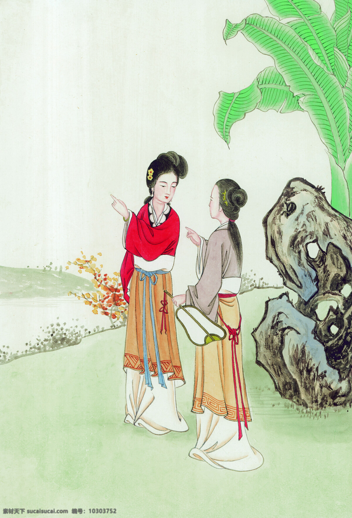 芭蕉 美女 工笔 古代美女 国画 绘画 侍女 艺术 中国画 装饰素材 室内装饰用图