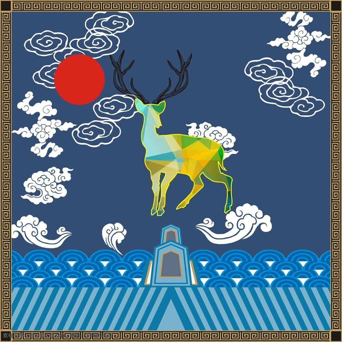 云纹 补 子 印花 图案 模板 装饰 补子 鹿
