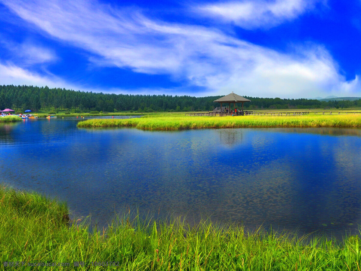 草原风景 草原 草场 蓝天 白云 湖泊 天空 云朵 树木 风景图 自然风光 自然景观 自然风景