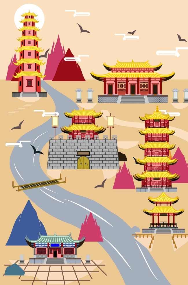 中国 古代建筑 矢量图 中国古代建筑 高塔 高楼 寺庙 大殿 城墙 亭子 文化艺术 传统文化