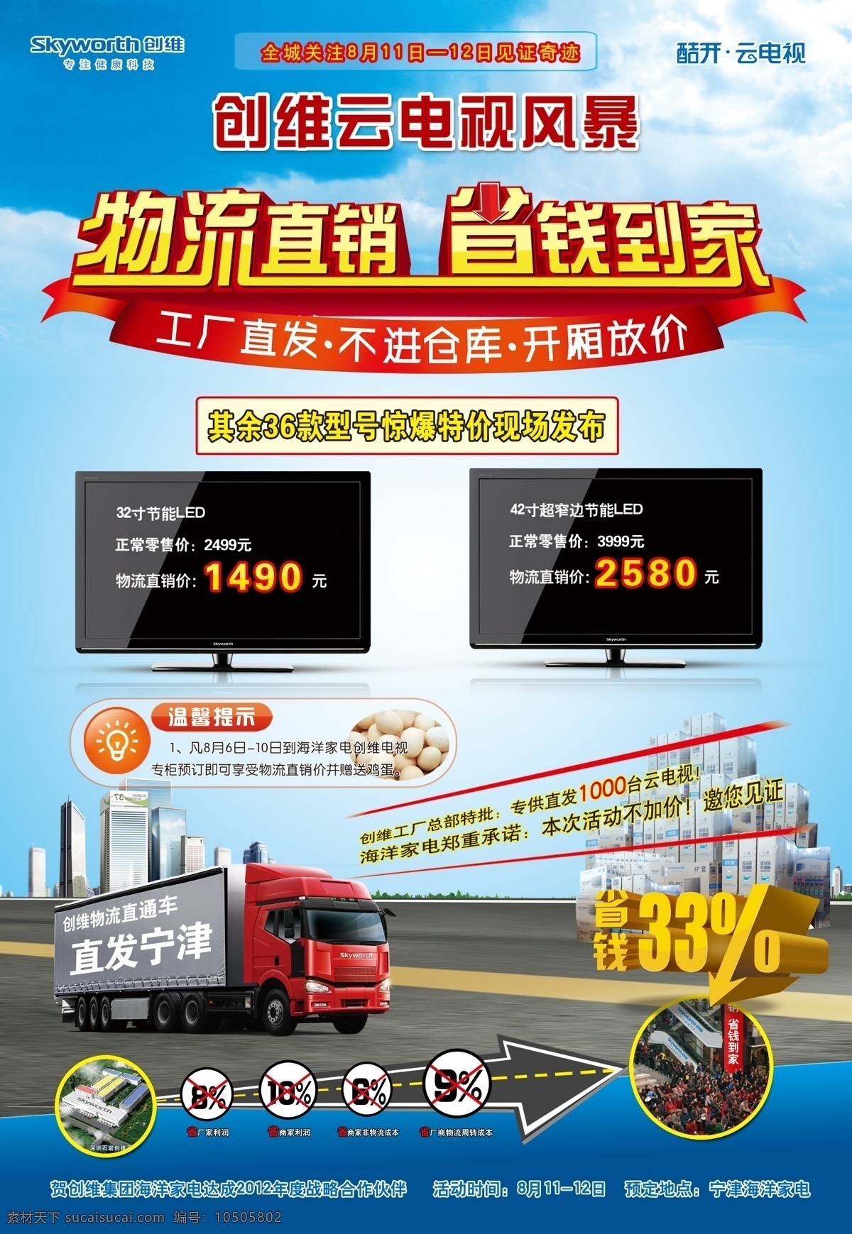 创维 电视 广告设计模板 卡车 温馨提示 源文件 物流直销海报 送鸡蛋 物流直销 省钱 到家 蓝色 底 其他海报设计