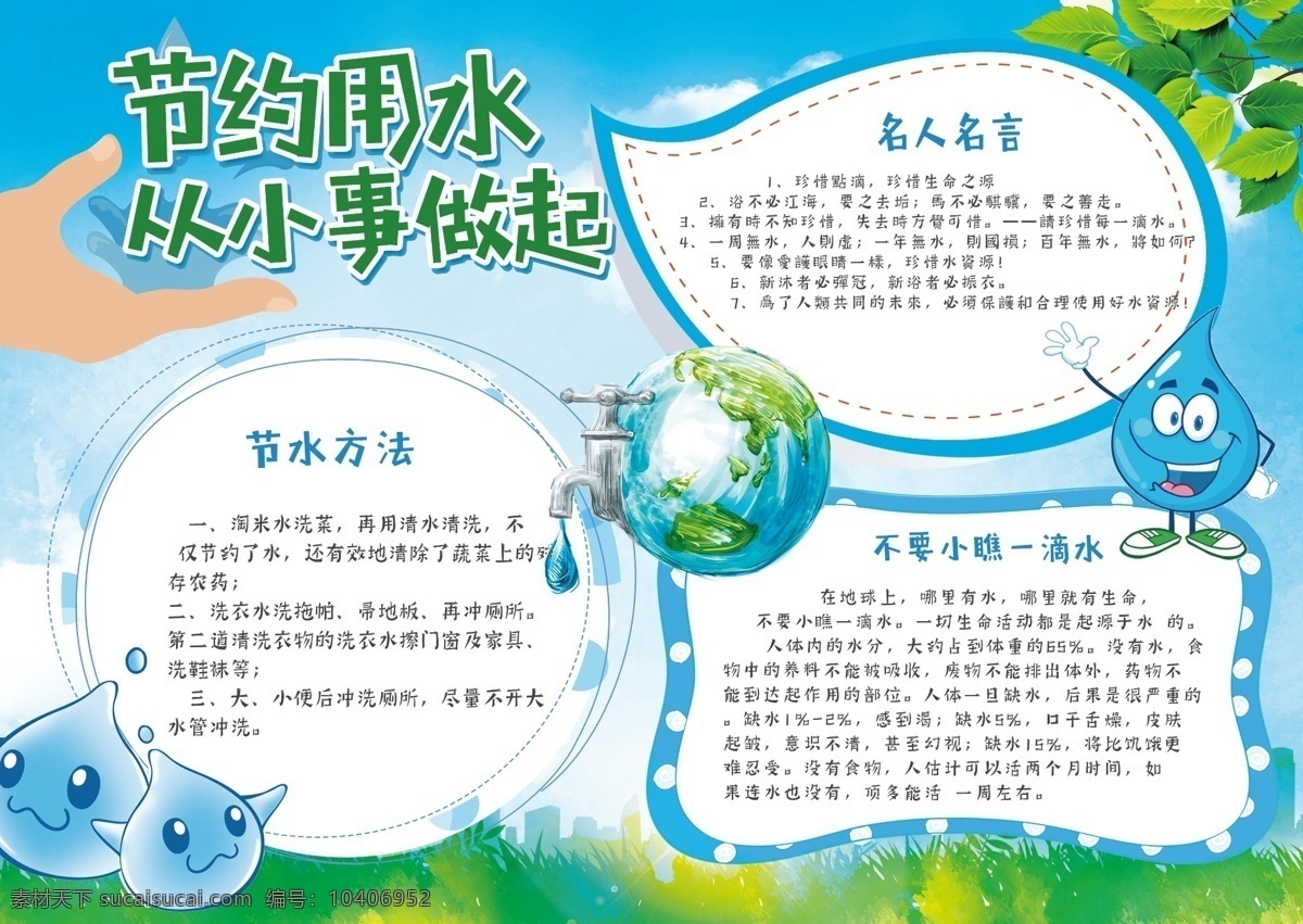 蓝色 清新 节约 用水 爱护 水资源 公益 小报 节约用水 地球 爱惜水资源 手抄报