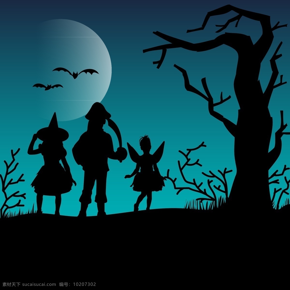 万圣节 儿童 剪影 孩子 模板 海盗 夜 童话 插图 恐怖 女巫 幻想 蝙蝠 对象 最新矢量素材