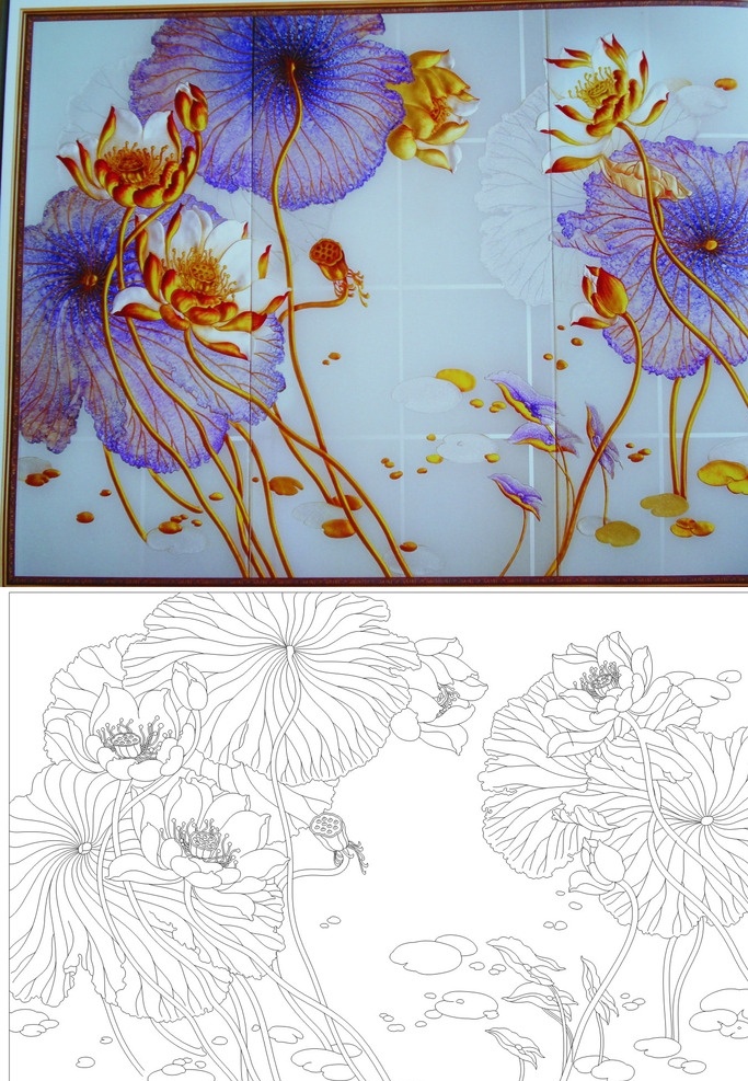 荷花图 荷花 荷叶 荷花荷叶 池塘景色 矢量图 勾线图 线条图 刻绘图 艺术玻璃 玻璃背景 玄关 绘画书法 文化艺术