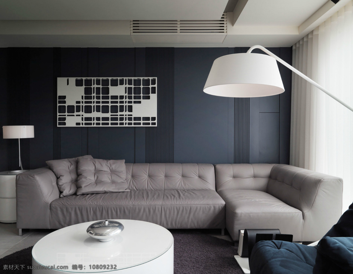 现代 清雅 客厅 深蓝 灰色 背景 墙 室内装修 效果图 客厅装修 深色背景墙 灰色沙发 白色落地灯