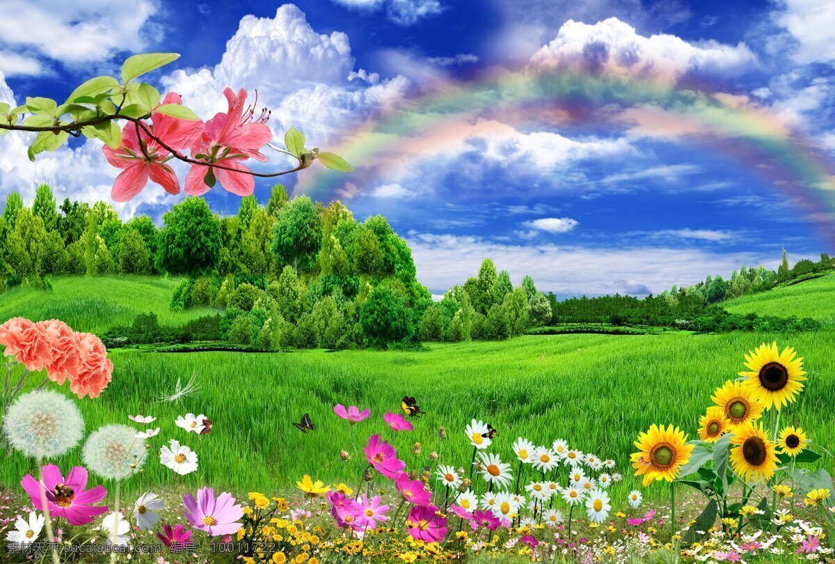 蓝天白云 惬意 树木 草地 花朵 移门图片 底纹边框 移门图案