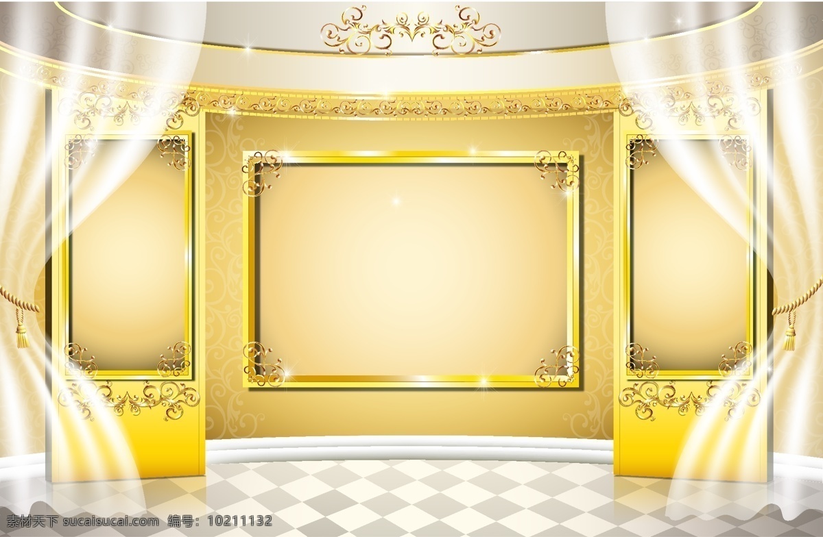 矢量 质感 金色 舞台 背景 欧式 立体 纱幔 海报 大气