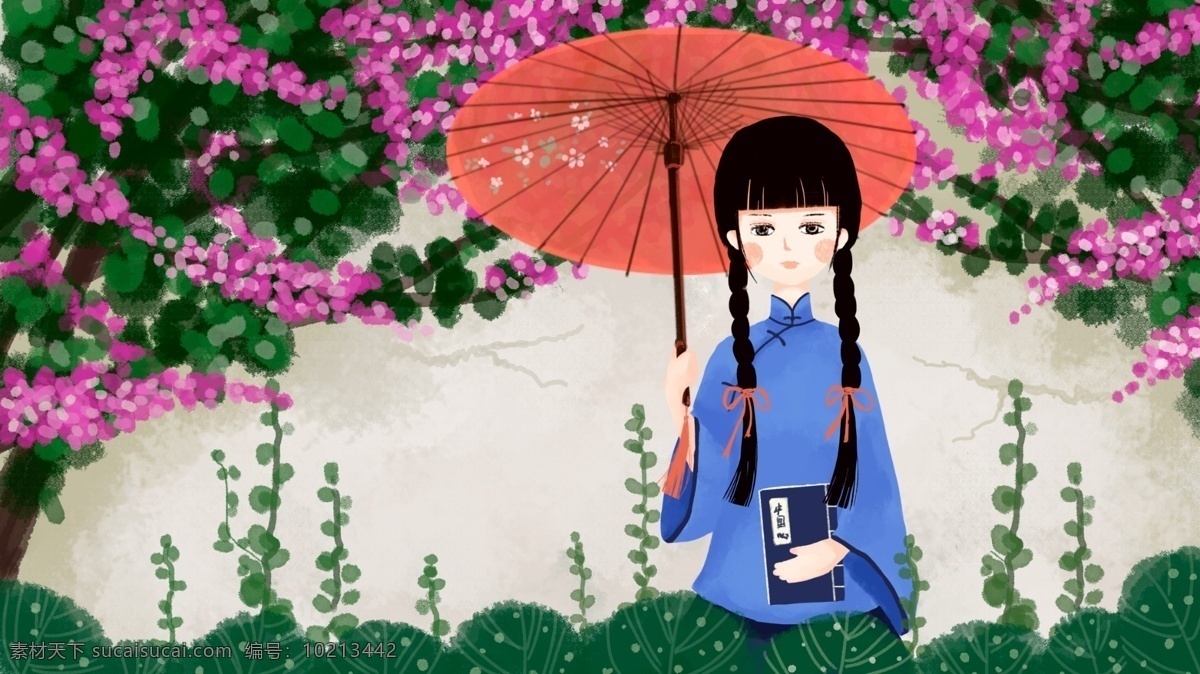 民国 风 紫荆 树下 学生 油纸伞 原创 插画 配图 紫荆花 花树 卡通女孩 民国风 紫荆树 民国学生 原创插画 花 民国学生装