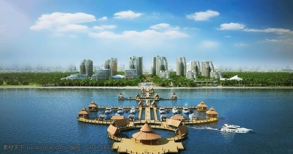 海南 文昌 高隆湾 风景区 游艇 树林 高楼 蓝天白云 景观 景点 国内旅游 旅游摄影