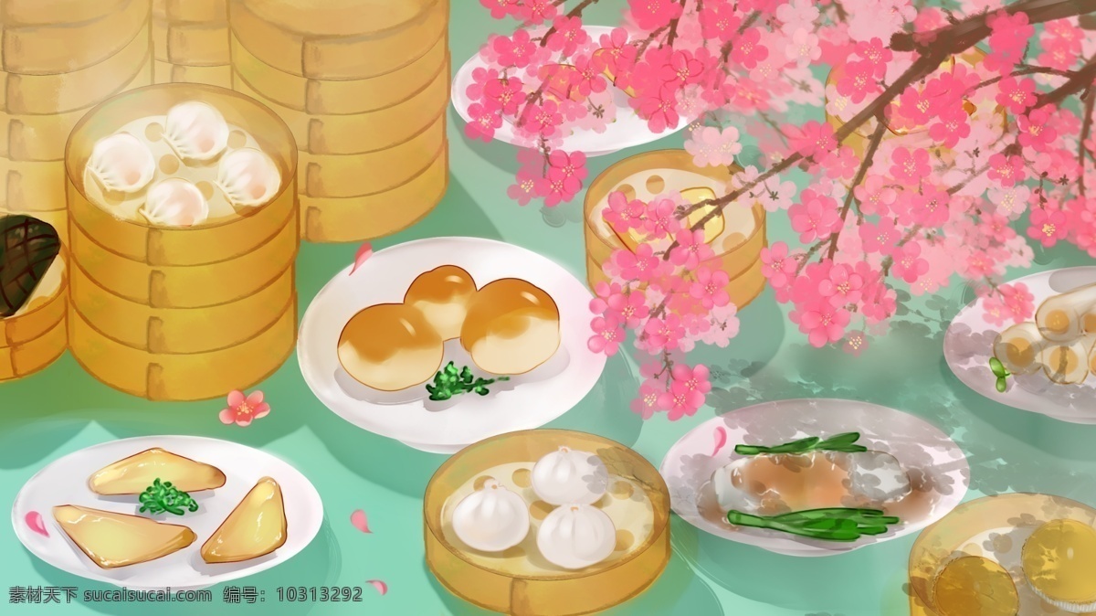 广 式 早茶 城市 美食 插画 包子 广式