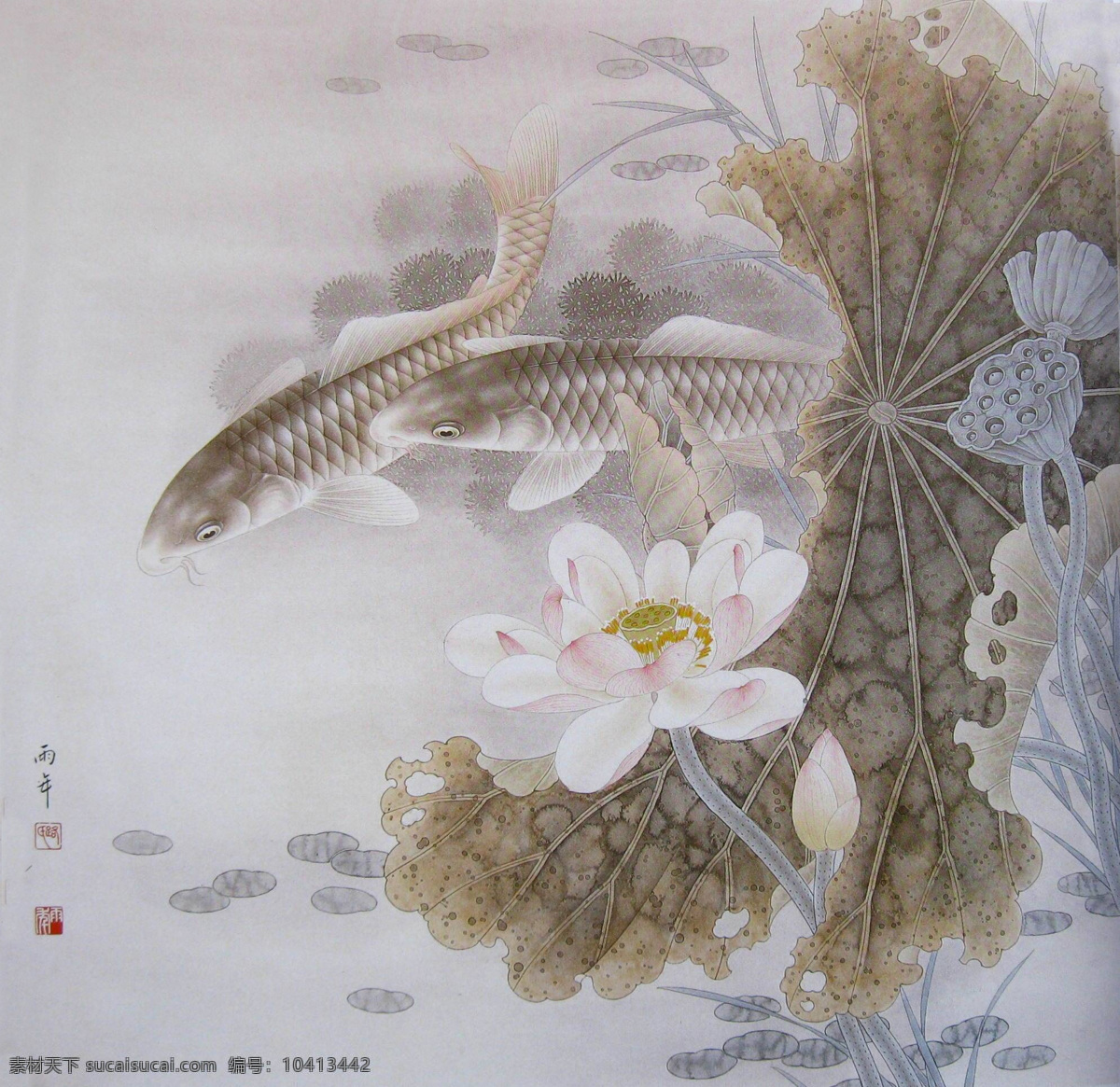 工笔荷花 工笔画 国画 中国画 工笔彩墨画 彩墨工笔画 大师作品 风景画 荷花 植物 荷叶 池塘 鲤鱼 绘画书法 文化艺术