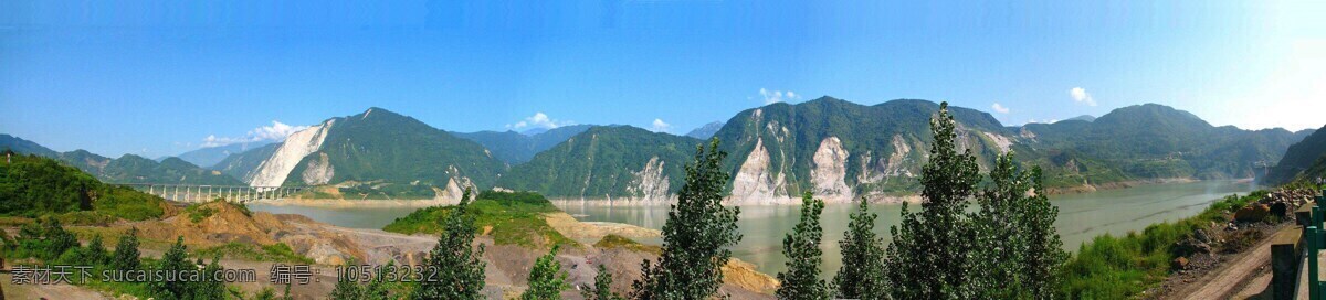 紫坪铺 水库 景区 电站 蓄水 库区 公路桥 矮山 植被 蓝天白云 景观 景点 四川 建筑风光 旅游摄影 国内旅游