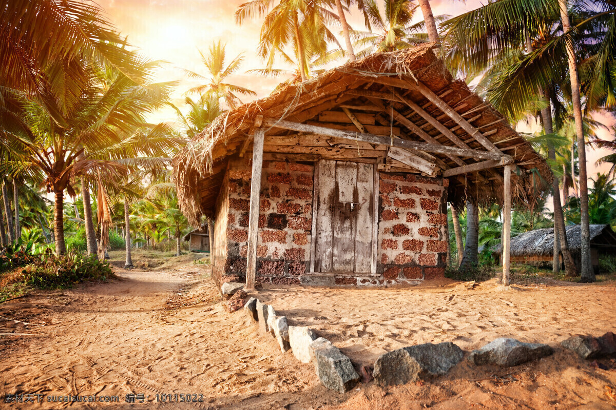 国外 建筑摄影 房子 沙滩 沙子 植物 大树 阳光 底纹背景 自然风光 景观 风景名胜 风景图片