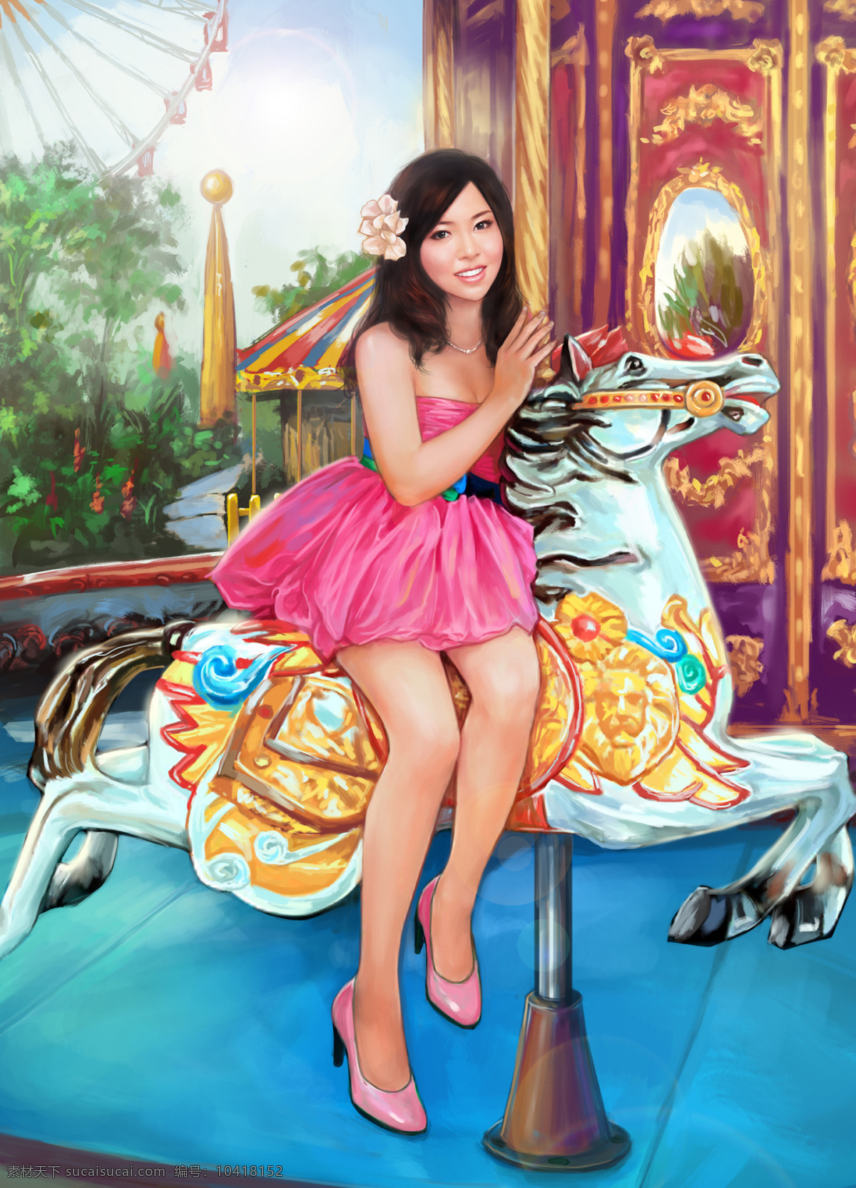 手女美女 美女 手绘 旋转木马 粉色 马 骑马 裙子 壁画 绘画书法 文化艺术