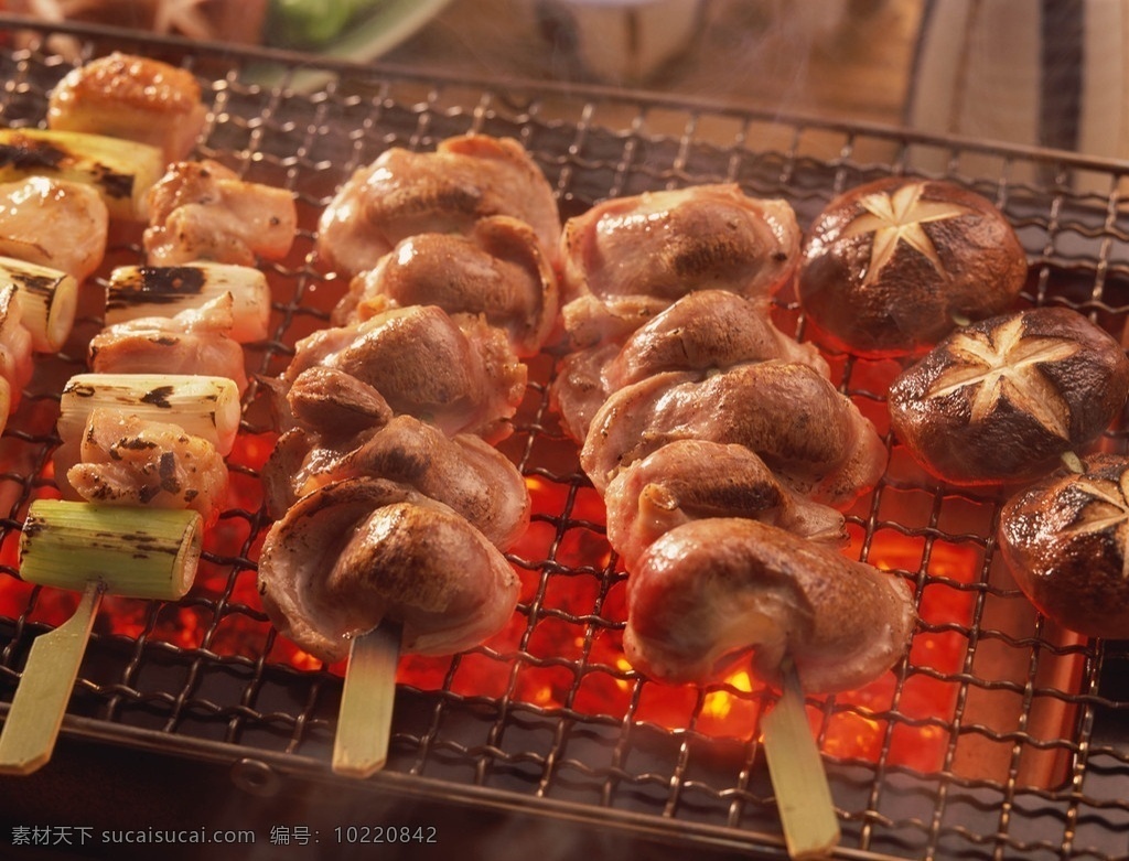烧烤 鸡胗 香菇 大葱 火 铁丝架子 美味 餐饮 食物 传统美食 餐饮美食