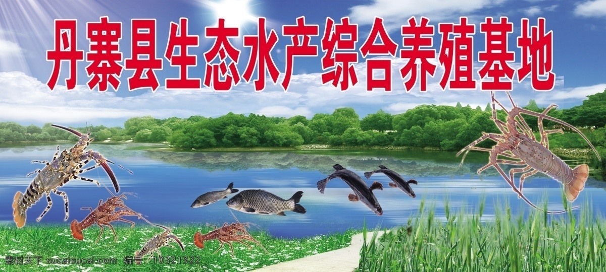 丹寨县 综合 养殖 基地 水产养殖 龙虾 鱼 草坪 山水 蓝蓝天空 展板模板 广告设计模板 源文件