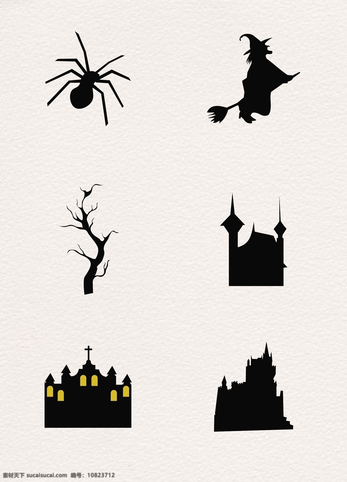 黑色 简约 万圣节 元素 剪影 城堡 扁平化 矢量图 卡通 万圣节元素 剪影设计 毒蜘蛛 女巫 树