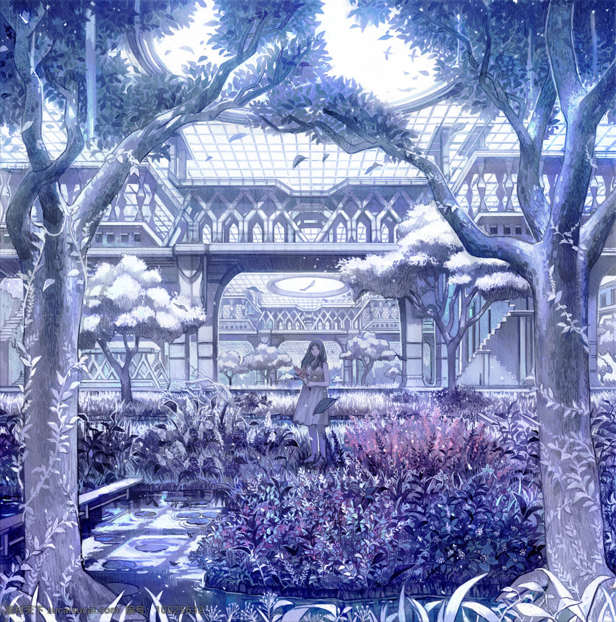 灰蓝的午后 灰蓝 冷色调 树 人 女孩 教室 建筑 蓝紫 灰白 草 风景漫画 动漫动画