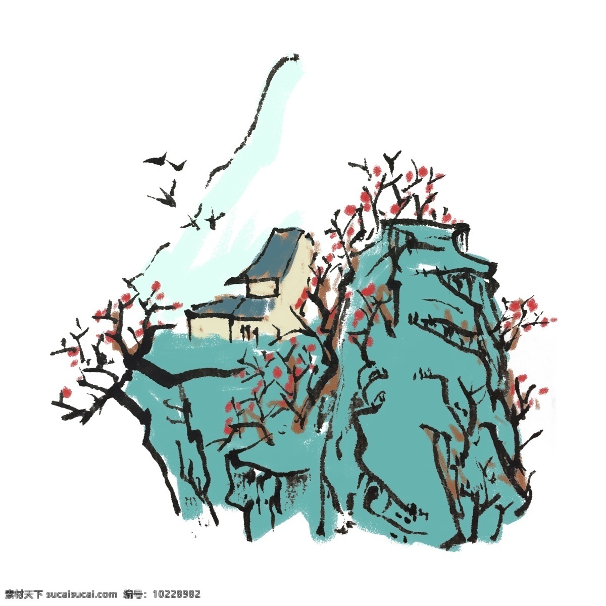 中国 风 水墨 山村 小景 手绘 插画 中国风 古风 水墨风 墨迹 夏季 彩色 山水 松柏 村庄 国风 国画