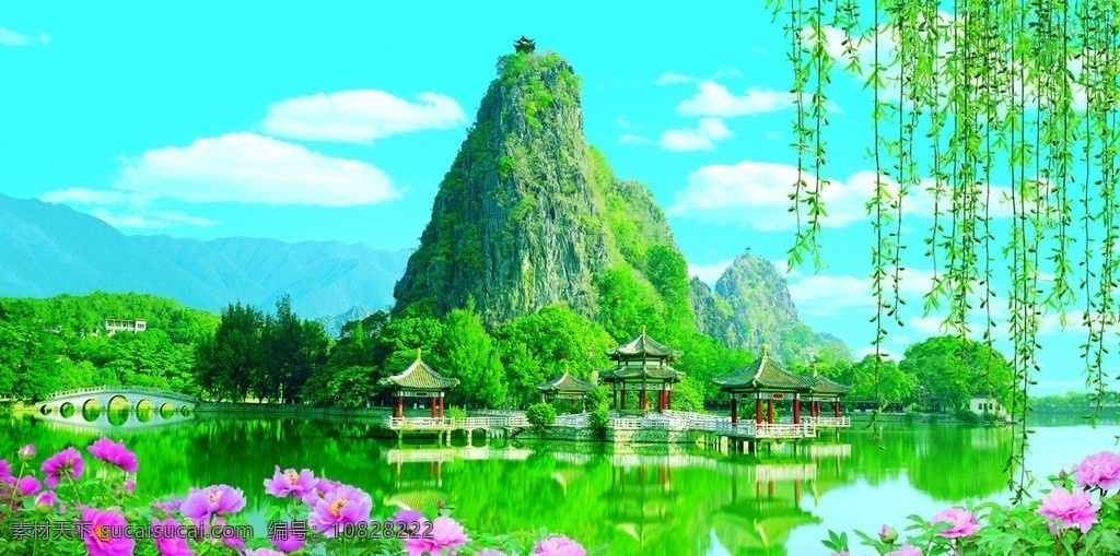 五龙亭 牡丹花 杨柳 蓝天白云 风景图 风景画 湖泊 牡丹 花朵 柳树 山峰 广告设计模板 源文件