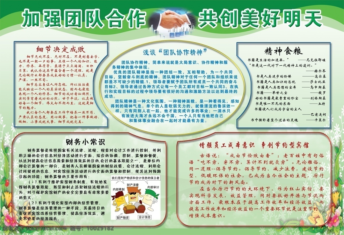 广告设计模板 绿色背景 握手 源文件 展板背景 展板模板 财务部展板 书籍类的名言 注重细节 财务知识 其他展板设计