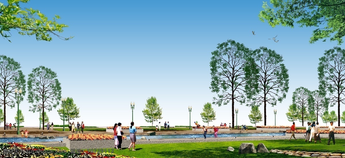 广场休闲景观 人物 马路 石头 路灯 草地 树木 蓝色天空 环境设计 景观设计 白色