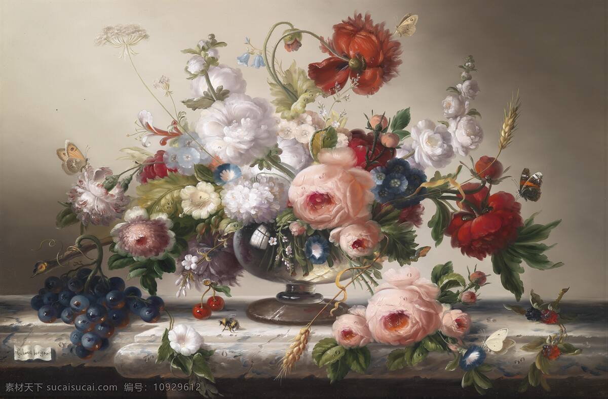 静物鲜花 玻璃花瓶 混搭鲜花 静物 永恒之美 白 蝴蝶 花 蜜蜂 樱桃 红苺与黑苺 麦穗 19世纪油画 油画 绘画书法 文化艺术