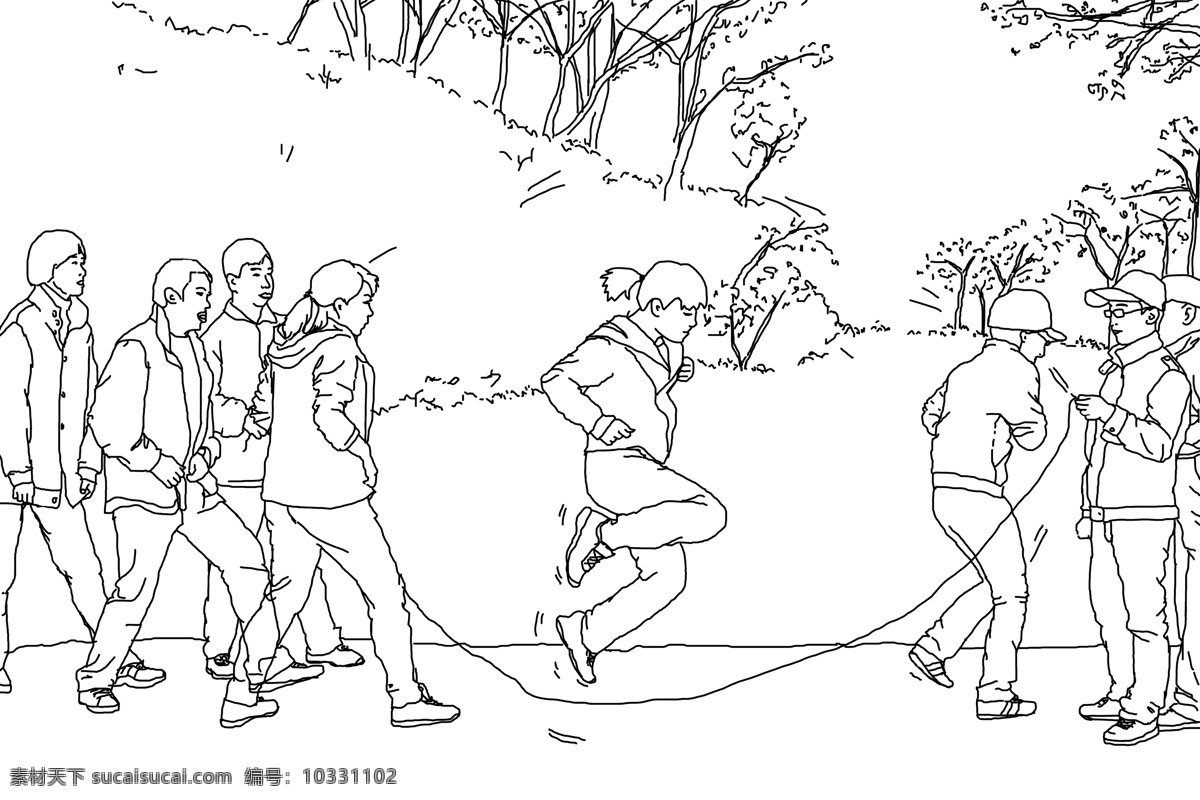 绘画书法 人物速写 树 体育锻炼 跳绳 文化艺术 远山 手绘 白描 跳 大 绳 设计素材 模板下载 集体活动 植物