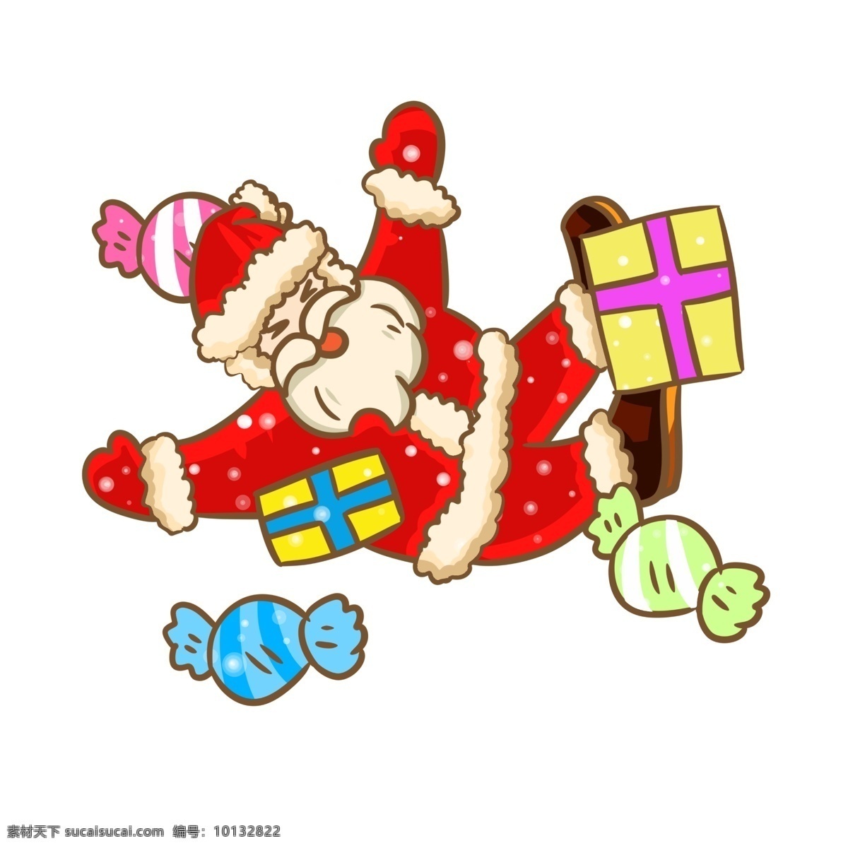 圣诞节 圣诞老人 礼物 盒子 摔倒 插画 手绘圣诞老人 手绘送礼物 收礼 物 小朋友 手绘 发气 球