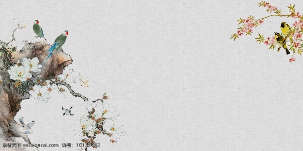 彩绘 小鸟 花枝 背景 广告背景 背景素材 中国风 海报背景 水墨画 背景设计 彩绘素材 电商背景 花朵彩绘背景 古风背景 花枝背景 鸟语花香