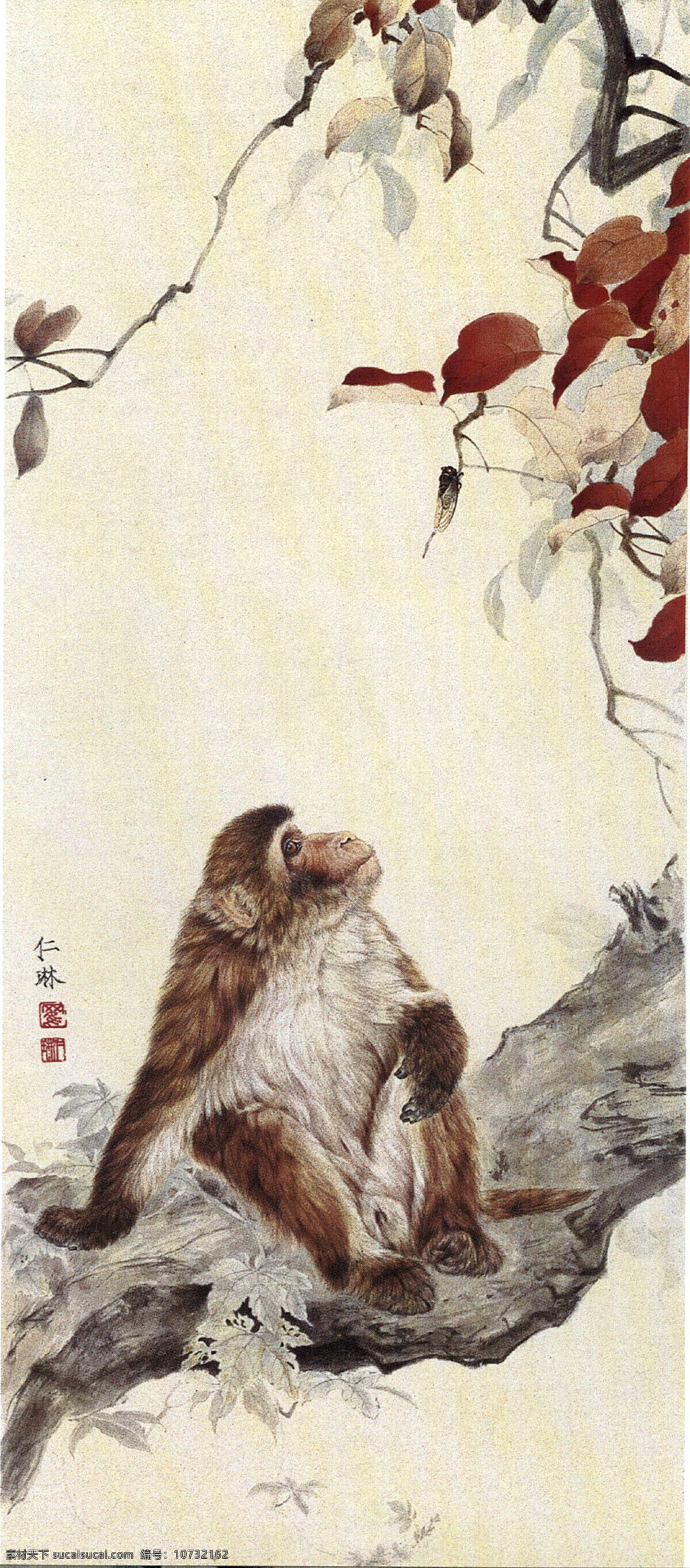 仰望 草 树 猴 国画 罗仁琳 工笔 古典 古代 印章 绘画 书法 高清 大图 艺术 传统文化 名家工笔花鸟 绘画书法 文化艺术