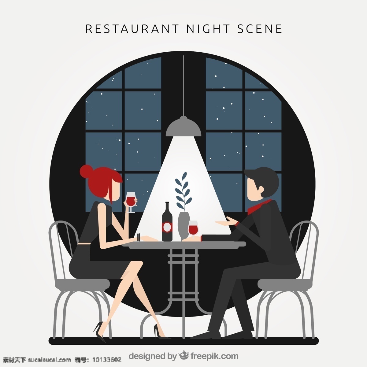 创意 餐馆 进餐 男女 矢量 餐饮 男子 女子 餐桌 餐椅 香槟酒 人物 夜晚 矢量图