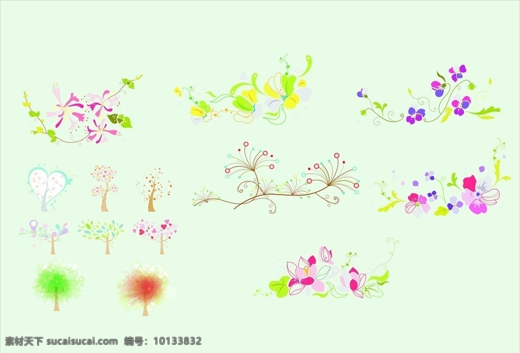 插花配图 插画 文章插图 鲜花 树木 各式各样花 心形树 卡通插画 一簇花