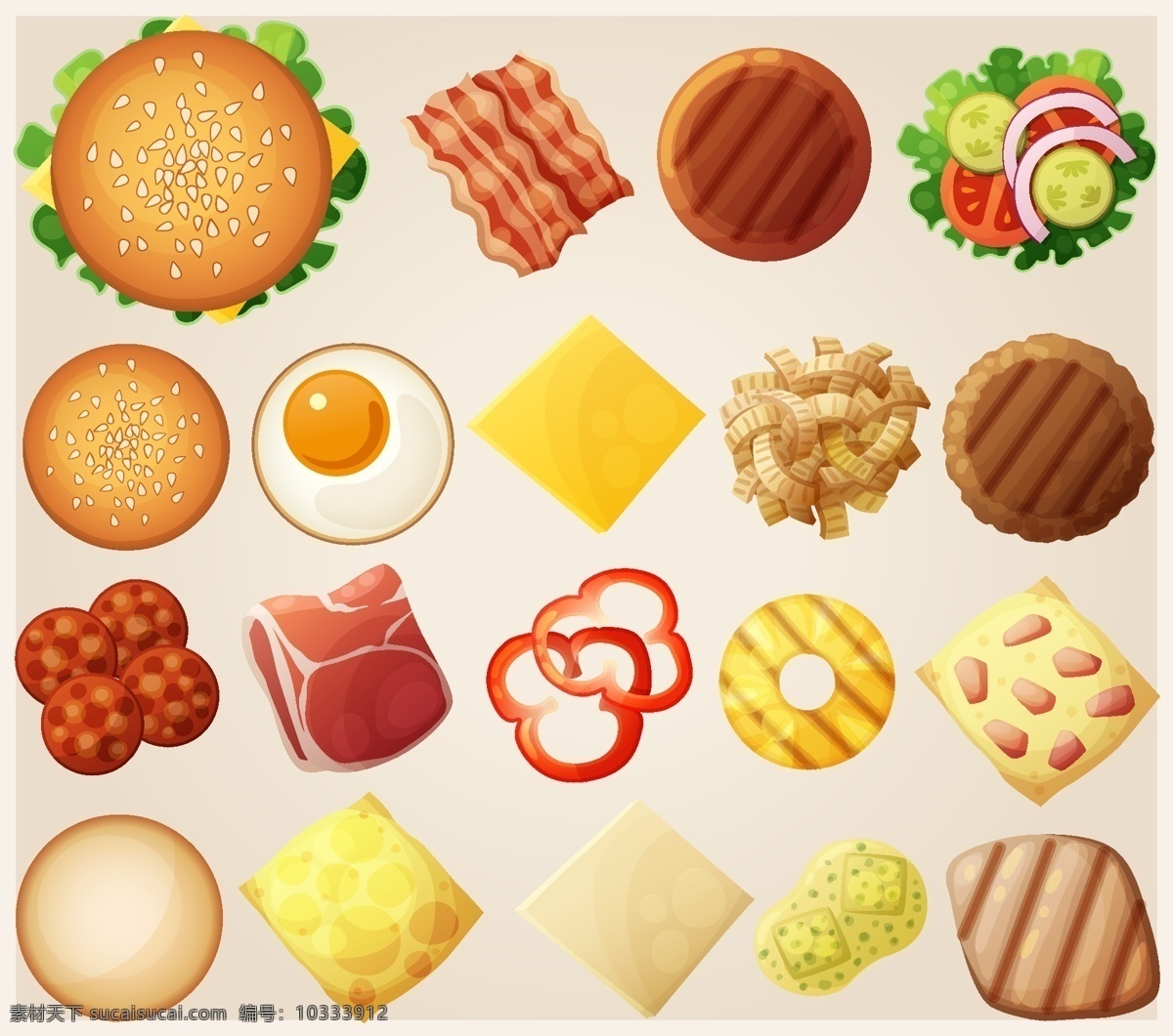 卡通 美食 汉堡 食物 图标 矢量 火腿 辣椒 设计素材 平面素材 甜甜圈 牛肉 鸡蛋 生菜卡通