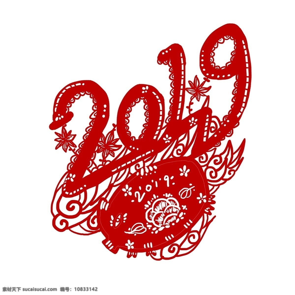 手绘 猪年 剪纸 窗花 元素 2019 猪 过年