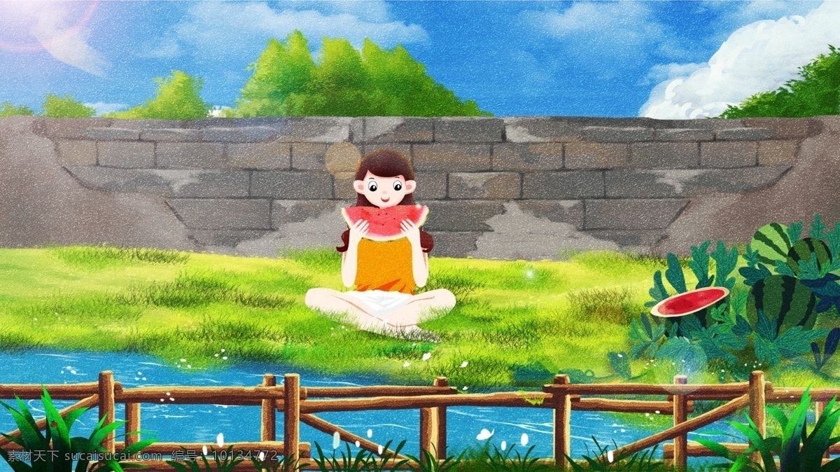 清新 简约 唯美 立夏 二十四节气 夏季 插画 温馨 骑自行的女孩 大树 花草 风车 女孩拿着冰棍 花园 西瓜