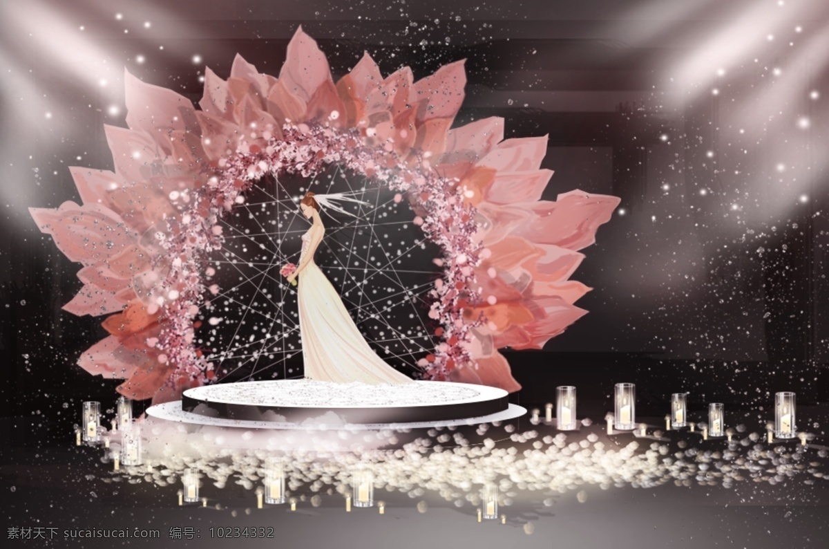 粉色 大气 花瓣 造型 婚礼 合影 区 效果图 粉色婚礼 浪漫 大气背景 蜡烛 温馨 水晶 纸艺花造型 花瓣造型背景