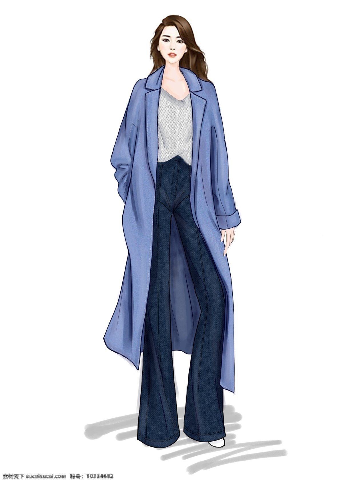 时装 画 服装设计 蓝色 大衣 女装设计 服装效果图 时尚 服饰 psd分层 手绘人物插画 女款