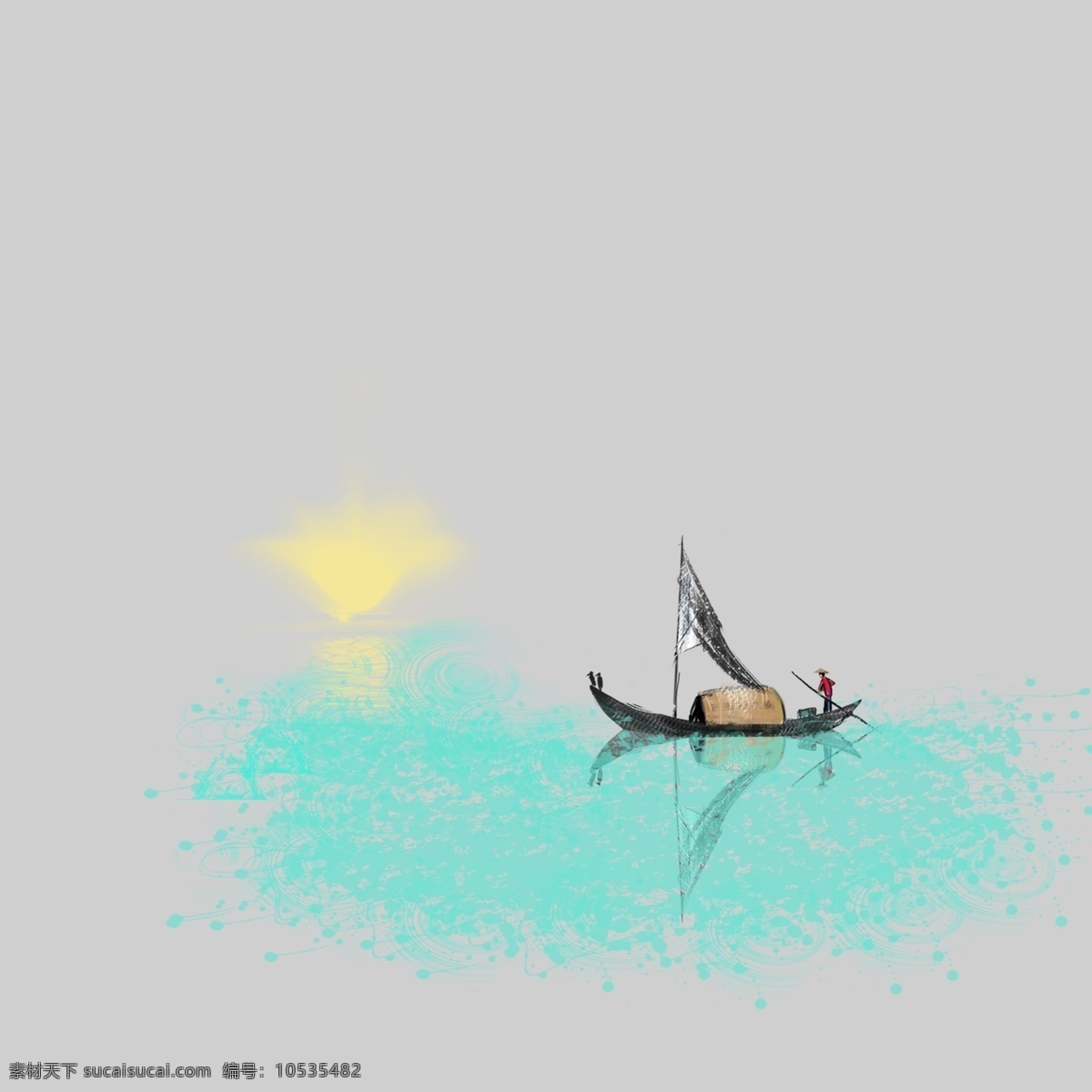 夕阳 海上 渔民 捕鱼 大海 蓝色大海 船 手绘大图下载 渔夫捕鱼 300像素 装饰下载