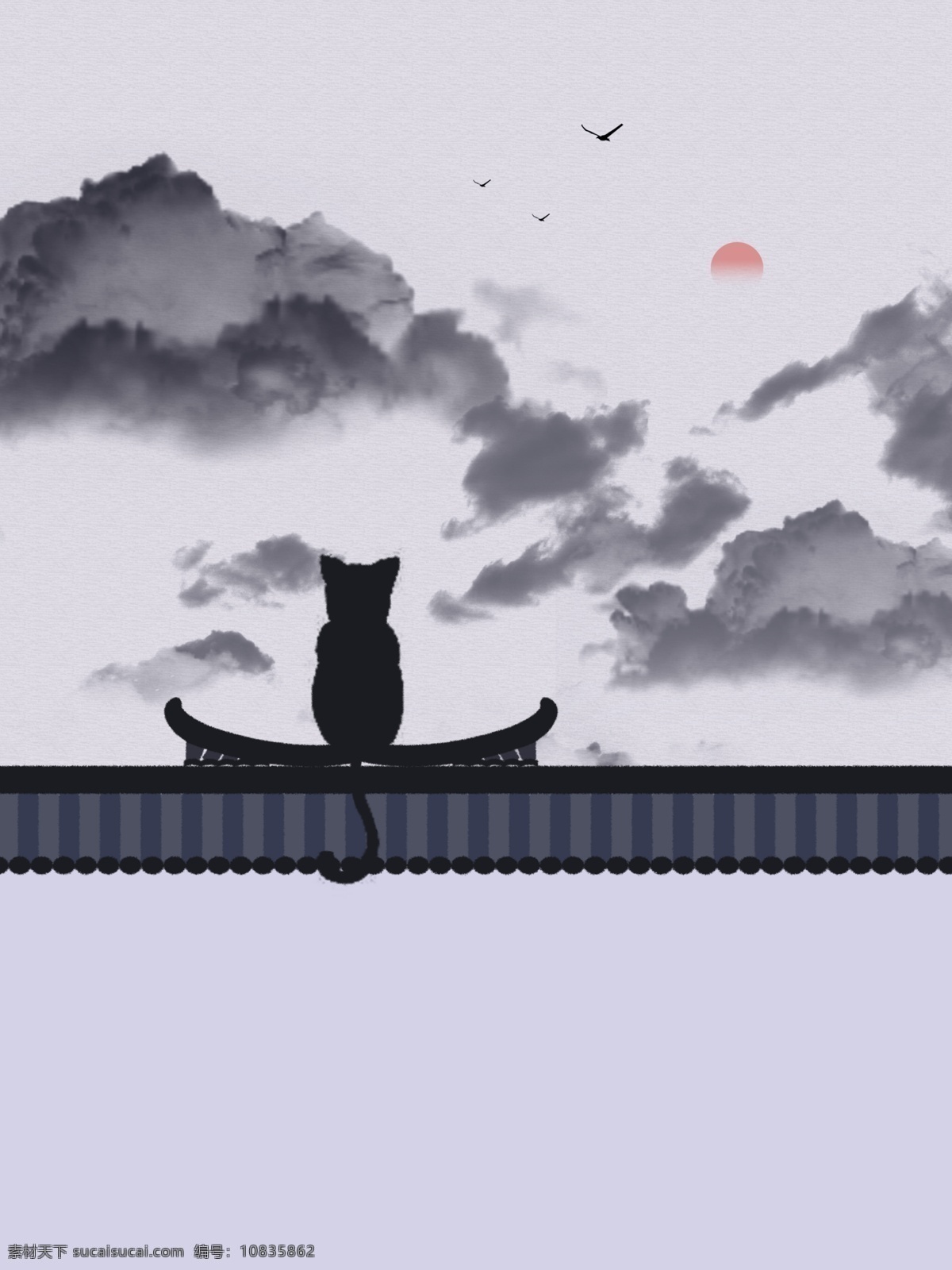 中式 写意 马头 墙 猫咪 水墨 装饰画 挂画 无框画 妈咪 黑猫 马头墙 客厅书房 落日余晖 徽派文化