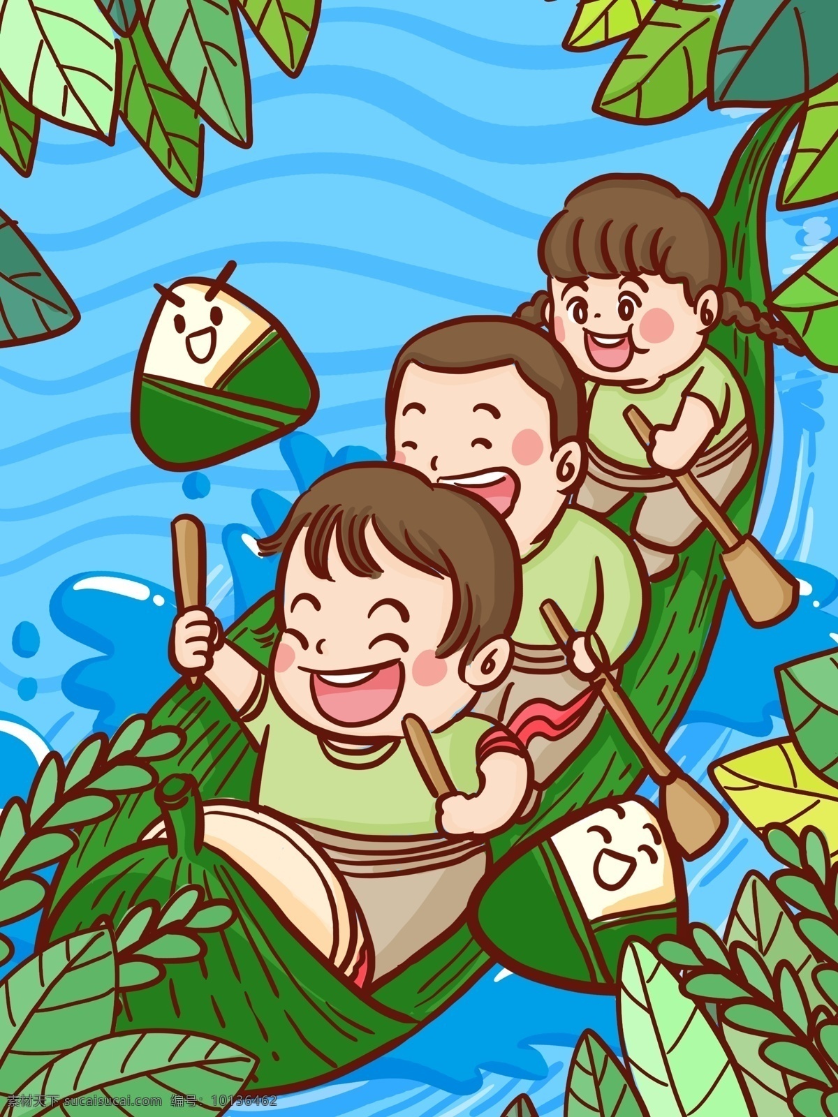 端午节 传统节日 三个 孩子 赛 龙舟 手绘 原创 插画 端午 传统 节日 赛龙舟 孩子们 三个孩子 划船 粽子 拟人 可爱 卡通