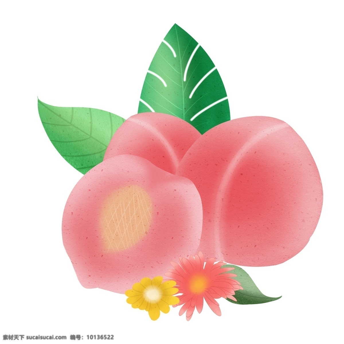 粉色 桃花 装饰 元素 装饰元素 手绘 食物 水果 桃子 水蜜桃 树叶 花朵