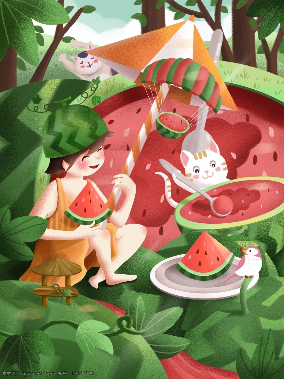 原创 手绘 插画 夏天 你好 吃 西瓜 夏季 水果 绿色 人物卡通 女孩 儿童 手绘插画 森林