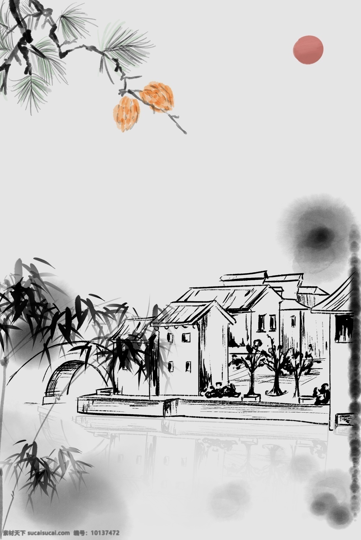 复古 风 建筑 灰色 海报 banner 背景 复古风 灰色背景 淘宝 天猫 山水 psd源文件 叶子 海报背景 竹子