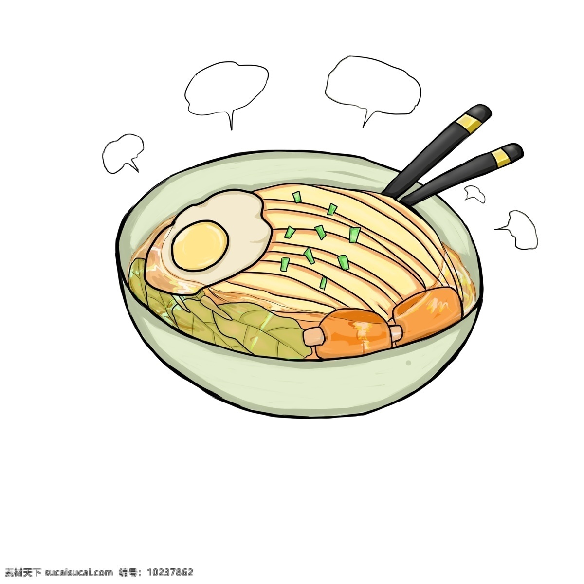 卡通 手绘 热腾腾 拉面 插画 面条 面粉 主食 粮食 食物 荷包蛋 青菜 葱末 肉片 汤汁 美味 可口 卡通手绘