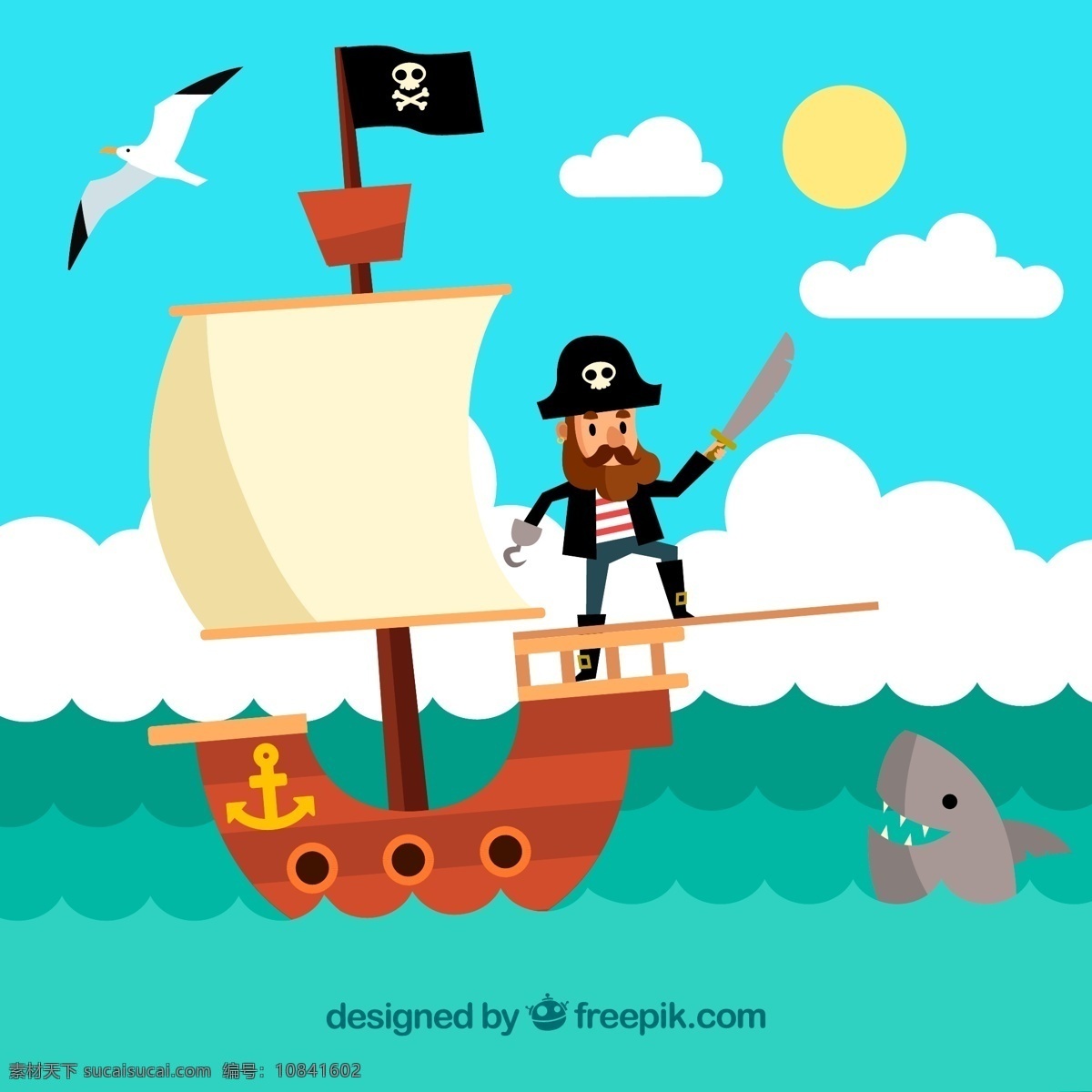 创意 海上 航行 海盗船 矢量 海鸥 云朵 太阳 船长 鲨鱼 刀 海盗 大海 文化艺术 绘画书法