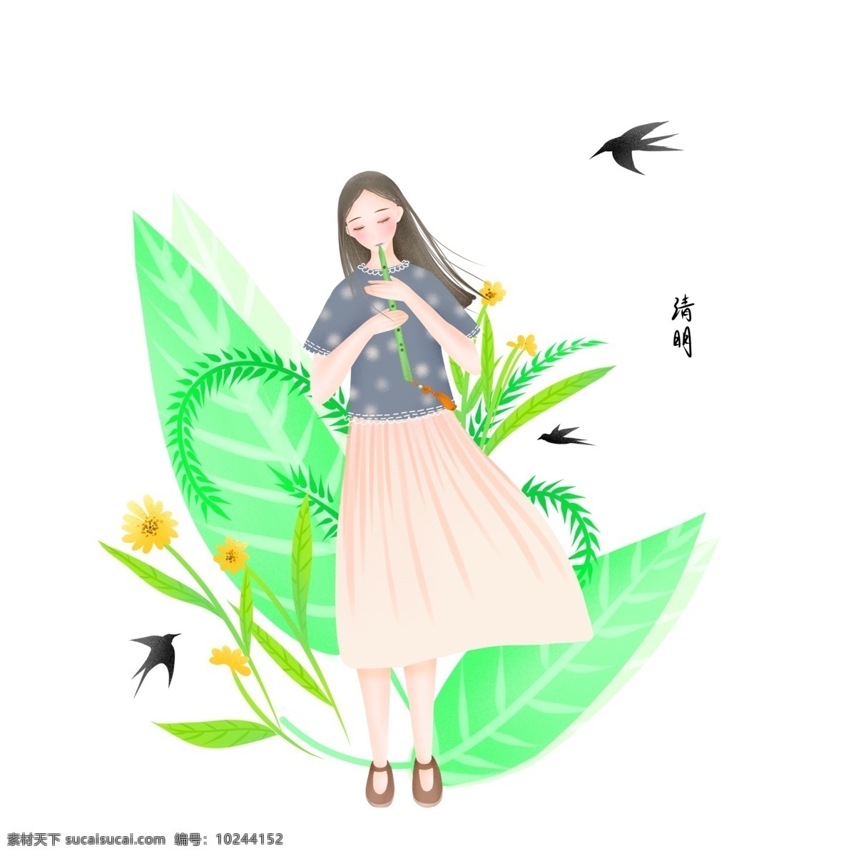 清明 女孩 吹 长笛 插画 清明人物插画 女孩吹长笛 卡通人物 植物花草 绿色叶子 穿裙子女孩 大雁飞来